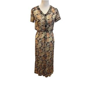 The Kooples Floral Chiffon Maxi Dress Gold Metallic Stripe V-Neck Size 4